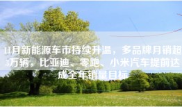 11月新能源车市持续升温，多品牌月销超3万辆，比亚迪、零跑、小米汽车提前达成全年销量目标